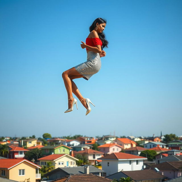 A stunning side view of an Indian aunty gracefully levitating above a neighborhood of houses