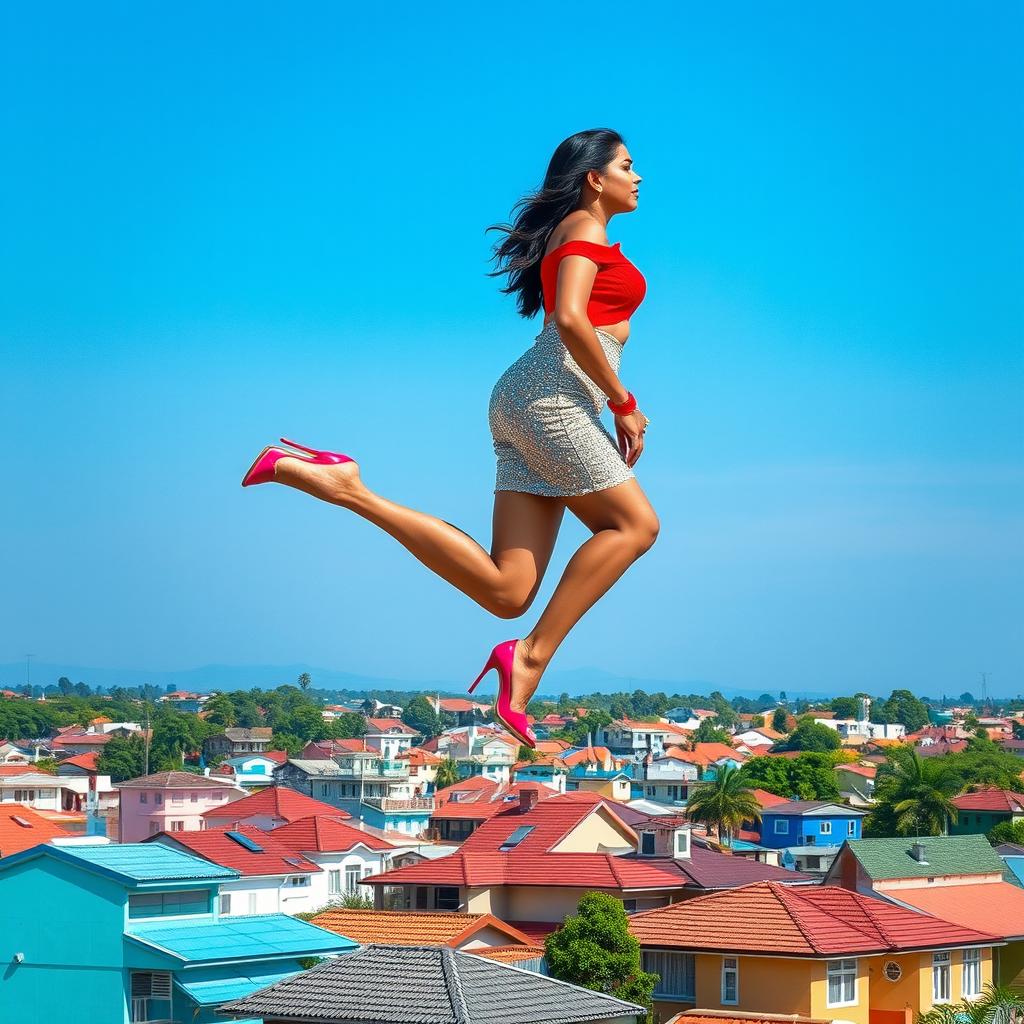 A stunning side view of an Indian aunty gracefully levitating above a neighborhood of houses