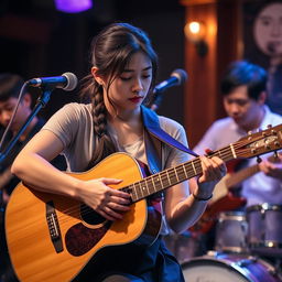 A beautiful Korean woman with a sad expression playing an acoustic guitar alongside her full band