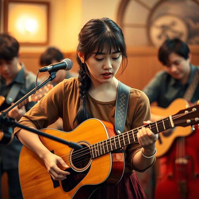 A beautiful Korean woman with a sad expression playing an acoustic guitar alongside her full band