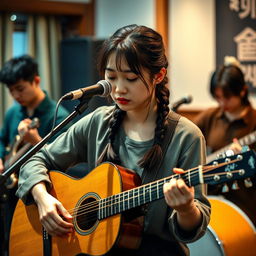 A beautiful Korean woman with a sad expression playing an acoustic guitar alongside her full band