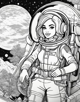 Black and white colouring book page featuring Barbie as an astronaut in a space setting.