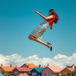 A captivating side view of an Indian aunty elegantly levitating above a cluster of houses
