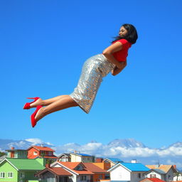 A captivating side view of an Indian aunty elegantly levitating above a cluster of houses
