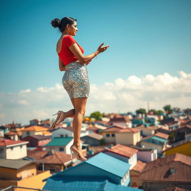 A captivating side view of an Indian aunty elegantly levitating above a cluster of houses