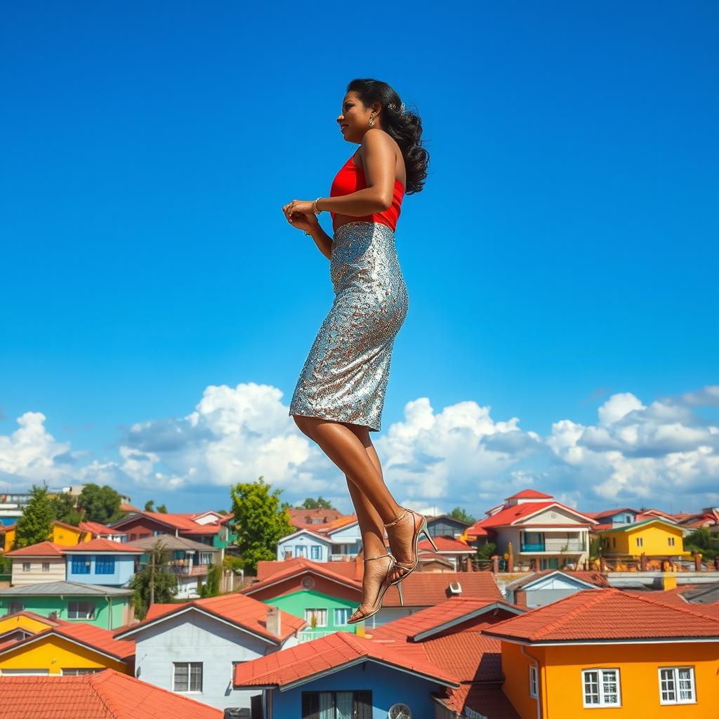 A captivating side view of an Indian aunty elegantly levitating above a cluster of houses