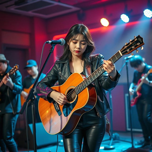 A beautiful Korean woman with a sad expression playing an acoustic guitar, dressed in a stylish leather jacket and leather pants