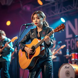 A beautiful Korean woman with a sad expression playing an acoustic guitar, dressed in a stylish leather jacket and leather pants