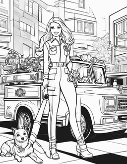 Black and white colouring book page featuring Barbie as a firefighter with a fire truck.