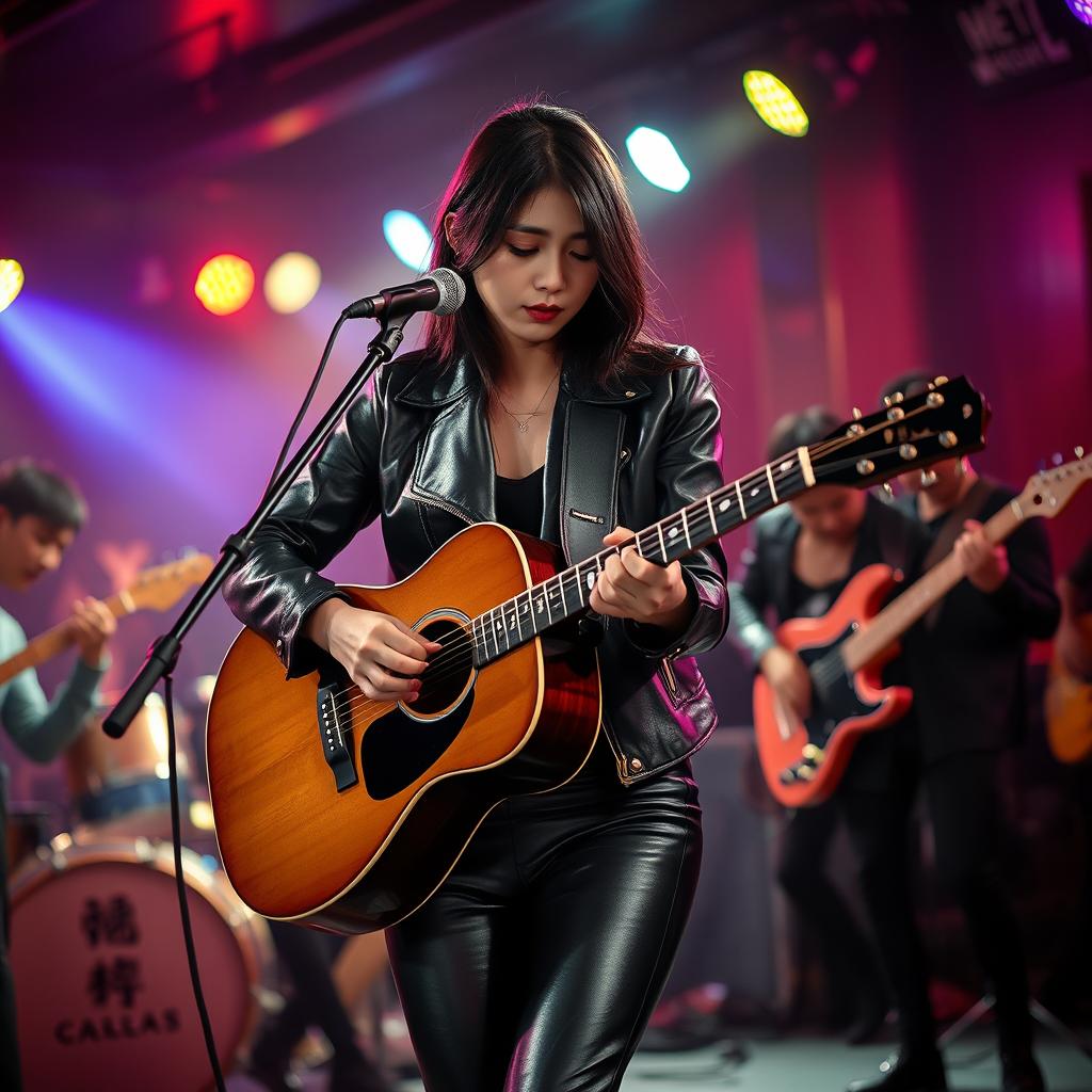 A beautiful Korean woman with a sad expression playing an acoustic guitar, dressed in a stylish leather jacket and leather pants