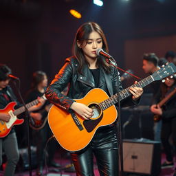 A beautiful Korean woman with a sad expression playing an acoustic guitar, dressed in a stylish leather jacket and leather pants