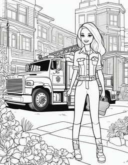 Black and white colouring book page featuring Barbie as a firefighter with a fire truck.