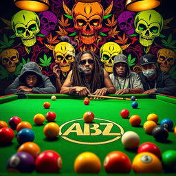 A captivating billiards scene featuring a classic green felt pool table filled with colorful billiard balls and cues, prominently displaying the ABZ logo in a stylish design