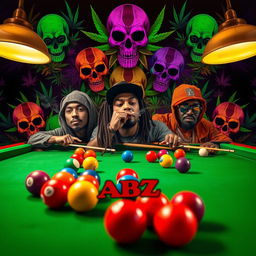 A captivating billiards scene featuring a classic green felt pool table filled with colorful billiard balls and cues, prominently displaying the ABZ logo in a stylish design