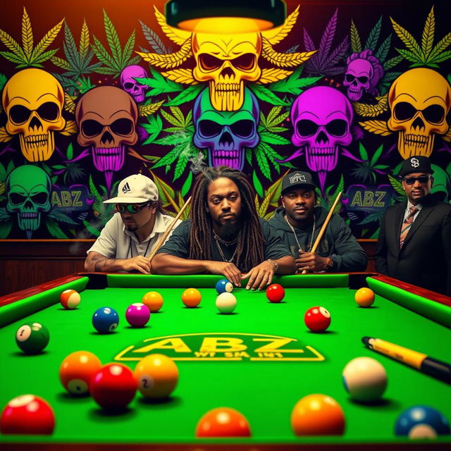 A captivating billiards scene featuring a classic green felt pool table filled with colorful billiard balls and cues, prominently displaying the ABZ logo in a stylish design