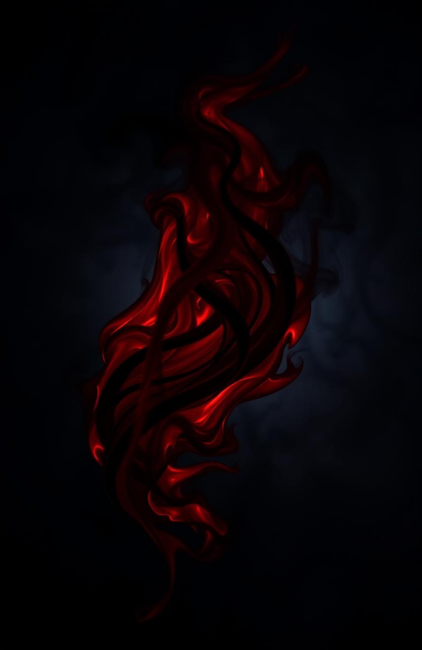 A dramatic portrayal of passion represented as a dark flame, swirling with deep reds and blacks, symbolizing blood and desire