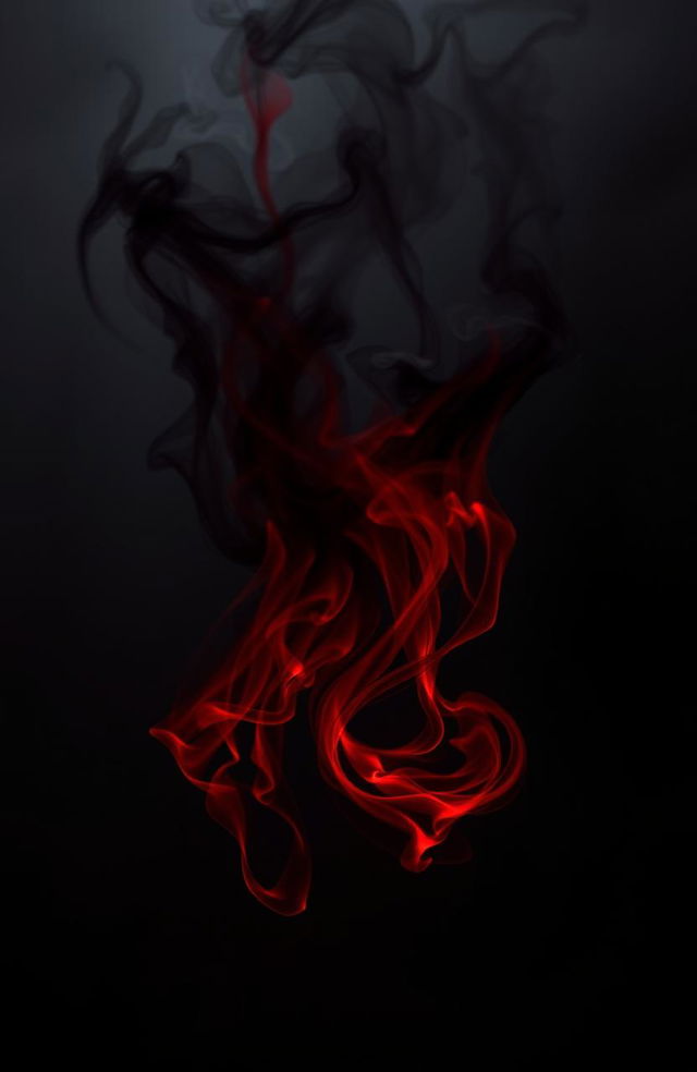 A dramatic portrayal of passion represented as a dark flame, swirling with deep reds and blacks, symbolizing blood and desire