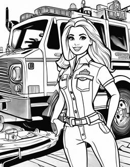 Black and white colouring book page featuring Barbie as a firefighter with a fire truck.