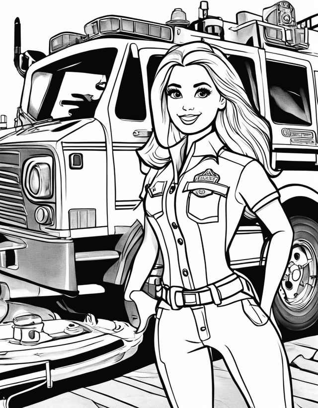 Black and white colouring book page featuring Barbie as a firefighter with a fire truck.