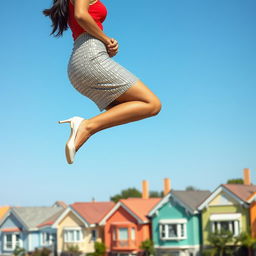A captivating side view of an Indian aunty elegantly levitating above a picturesque neighborhood