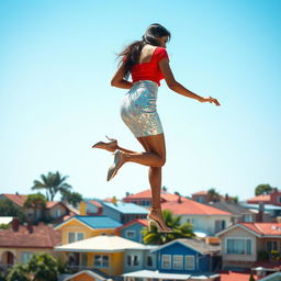 A captivating side view of an Indian aunty elegantly levitating above a picturesque neighborhood