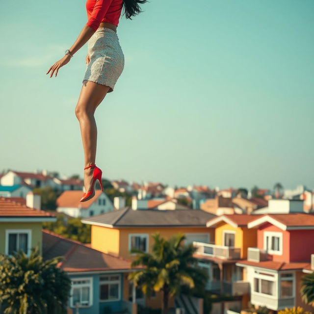 A captivating side view of an Indian aunty elegantly levitating above a picturesque neighborhood