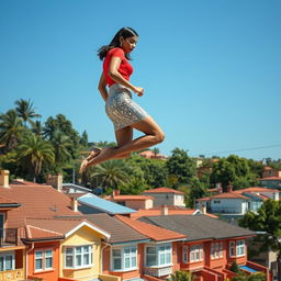 A captivating side view of an Indian aunty elegantly levitating above a picturesque neighborhood