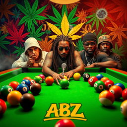 An engaging billiards scene featuring a classic green felt pool table filled with colorful billiard balls, prominently displaying the stylish ABZ logo