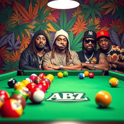 An engaging billiards scene featuring a classic green felt pool table filled with colorful billiard balls, prominently displaying the stylish ABZ logo