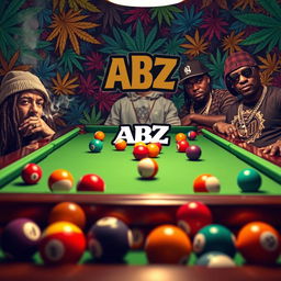 An engaging billiards scene featuring a classic green felt pool table filled with colorful billiard balls, prominently displaying the stylish ABZ logo