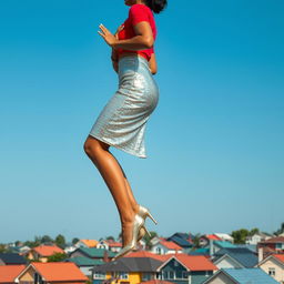 A mesmerizing side view of an Indian aunty effortlessly levitating above a charming array of houses