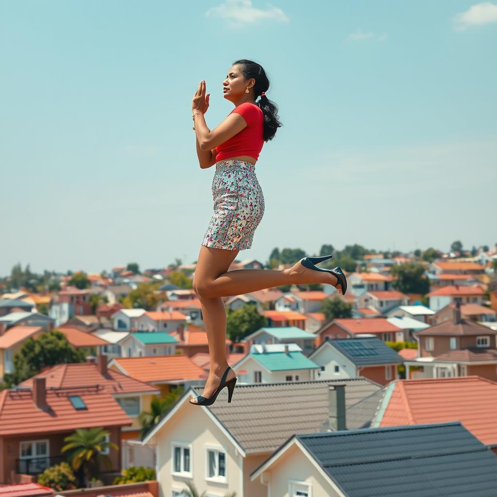 A mesmerizing side view of an Indian aunty effortlessly levitating above a charming array of houses