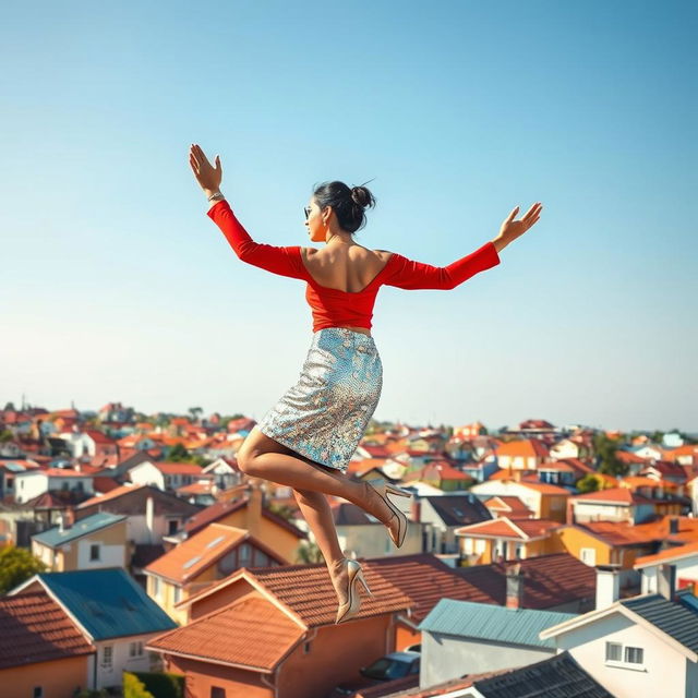 A mesmerizing side view of an Indian aunty effortlessly levitating above a charming array of houses