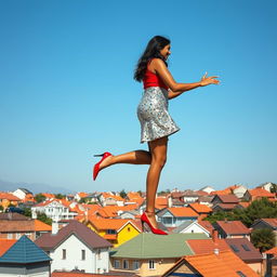 A mesmerizing side view of an Indian aunty effortlessly levitating above a charming array of houses