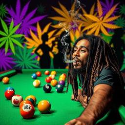 An energetic billiards scene featuring a classic green felt pool table filled with colorful billiard balls, prominently displaying the ABZ logo