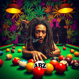 An energetic billiards scene featuring a classic green felt pool table filled with colorful billiard balls, prominently displaying the ABZ logo