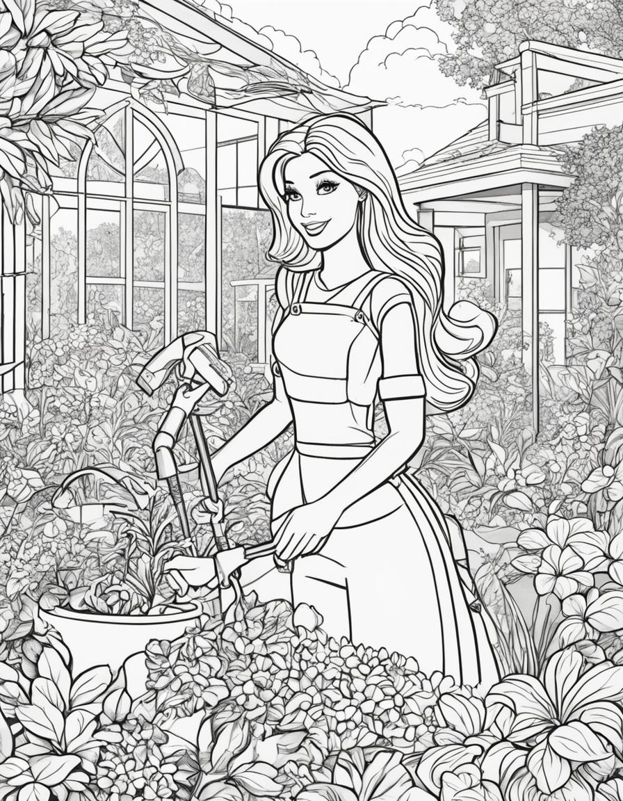 Black and white colouring book page featuring Barbie as a gardener in a lush garden.