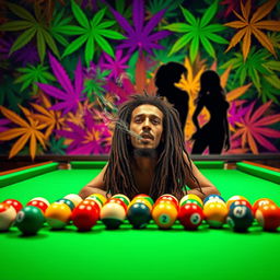 An energetic billiards scene featuring a classic green felt pool table filled with colorful billiard balls, prominently displaying the ABZ logo