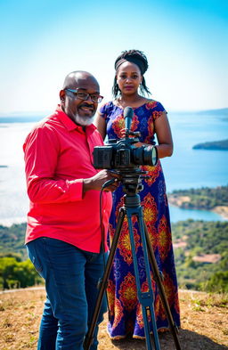 A middle-aged Black man with a well-groomed beard and spectacles, setting up a video camera on a sturdy tripod