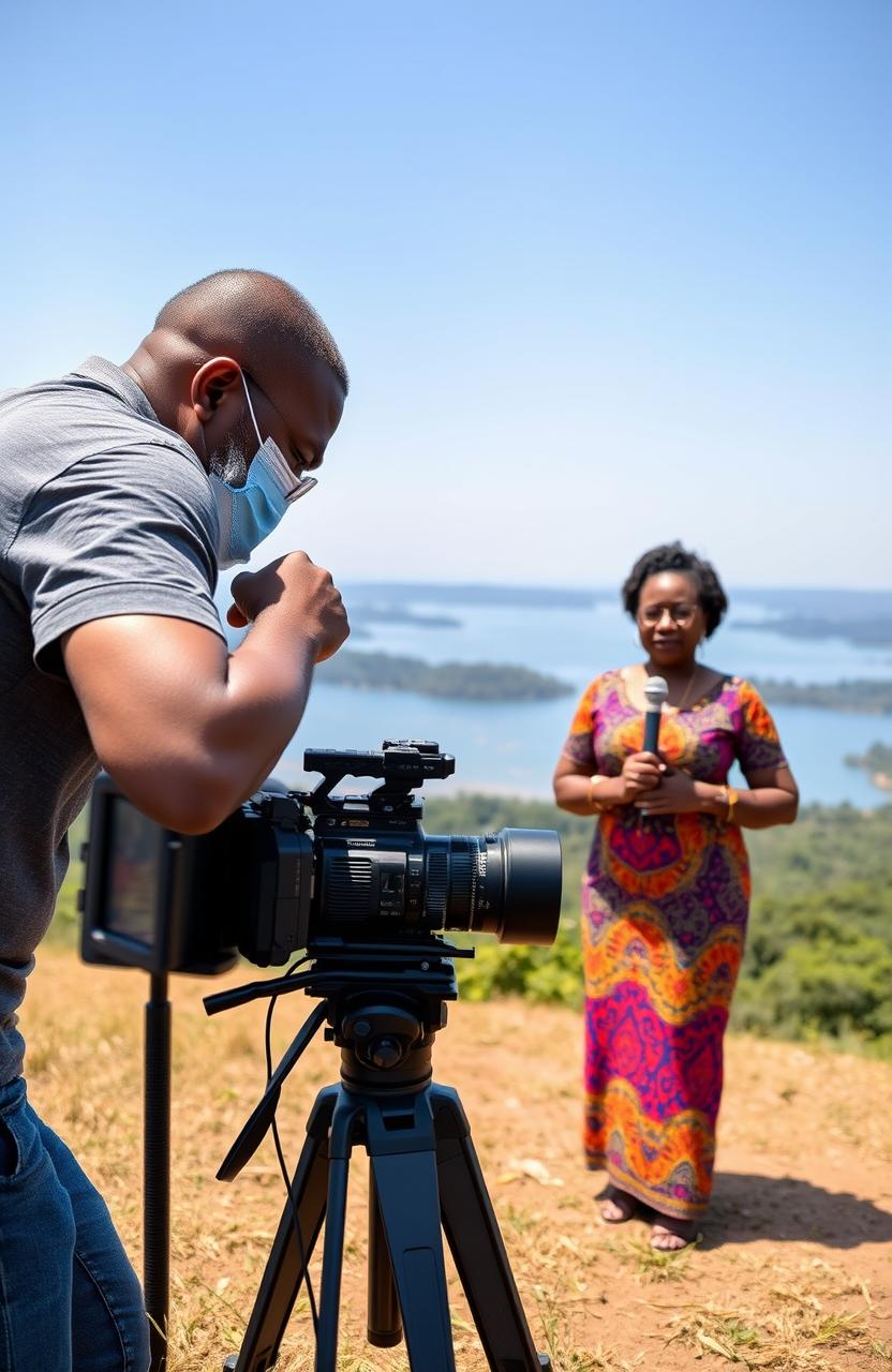 A middle-aged Black man with a well-groomed beard and spectacles, setting up a video camera on a sturdy tripod