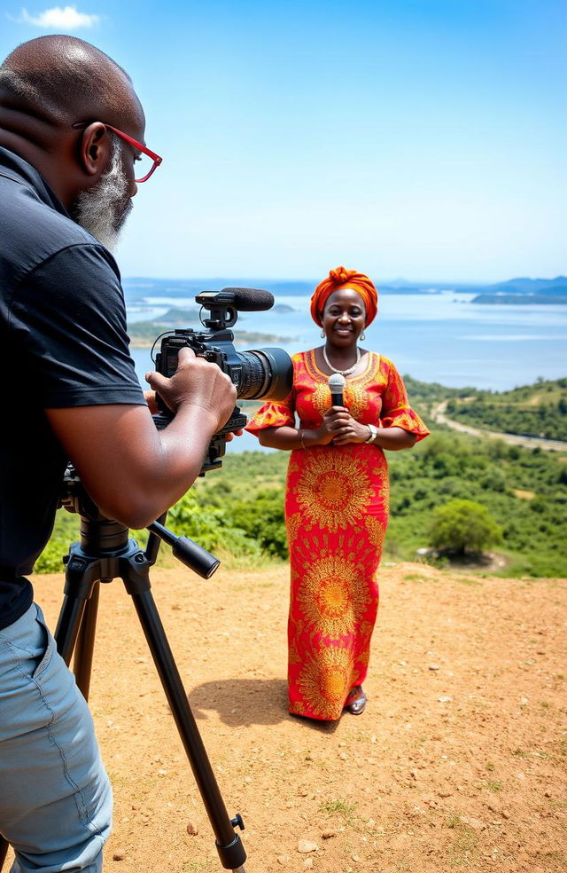 A middle-aged Black man with a well-groomed beard and spectacles, setting up a video camera on a sturdy tripod