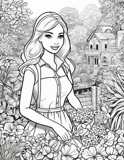 Black and white colouring book page featuring Barbie as a gardener in a lush garden.