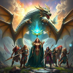 A striking fantasy scene depicting a formidable sorceress holding a powerful crystal flower, centered among her seven companions