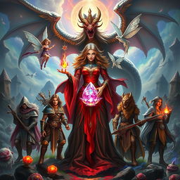 A striking fantasy scene depicting a formidable sorceress holding a powerful crystal flower, centered among her seven companions