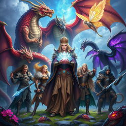 A striking fantasy scene depicting a formidable sorceress holding a powerful crystal flower, centered among her seven companions