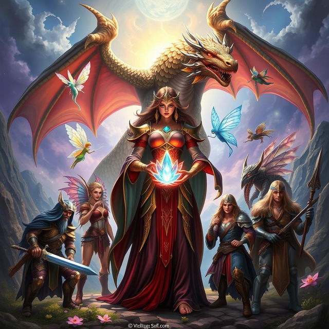 A striking fantasy scene depicting a formidable sorceress holding a powerful crystal flower, centered among her seven companions