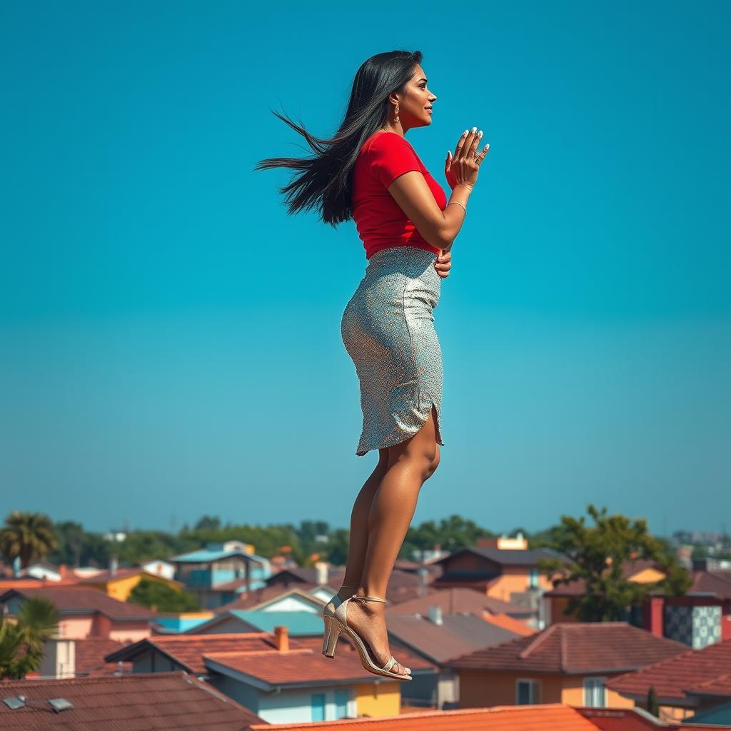 A stunning side view of an Indian aunty gracefully levitating above a picturesque neighborhood