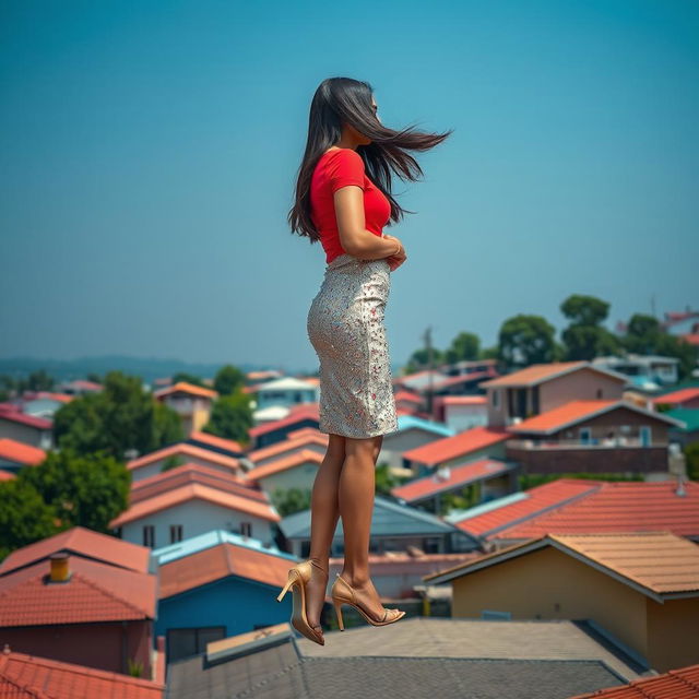 A stunning side view of an Indian aunty gracefully levitating above a picturesque neighborhood