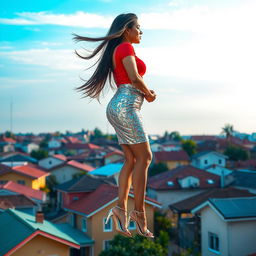 A stunning side view of an Indian aunty gracefully levitating above a picturesque neighborhood
