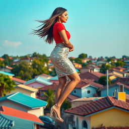 A stunning side view of an Indian aunty gracefully levitating above a picturesque neighborhood